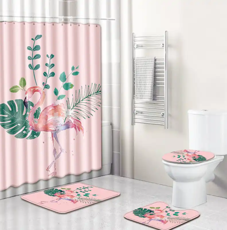 Cute Woman Bathroom Rugs Shower Curtain 4PCS Non-Slip Foot Mat Toilet Lid Cover