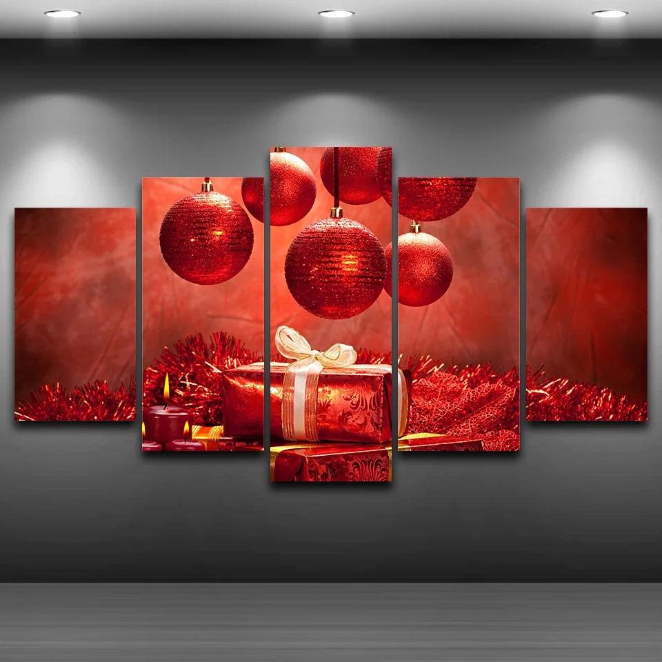 Framework Modular Art Pictures Canvas Posters 5 Panel Red Christmas