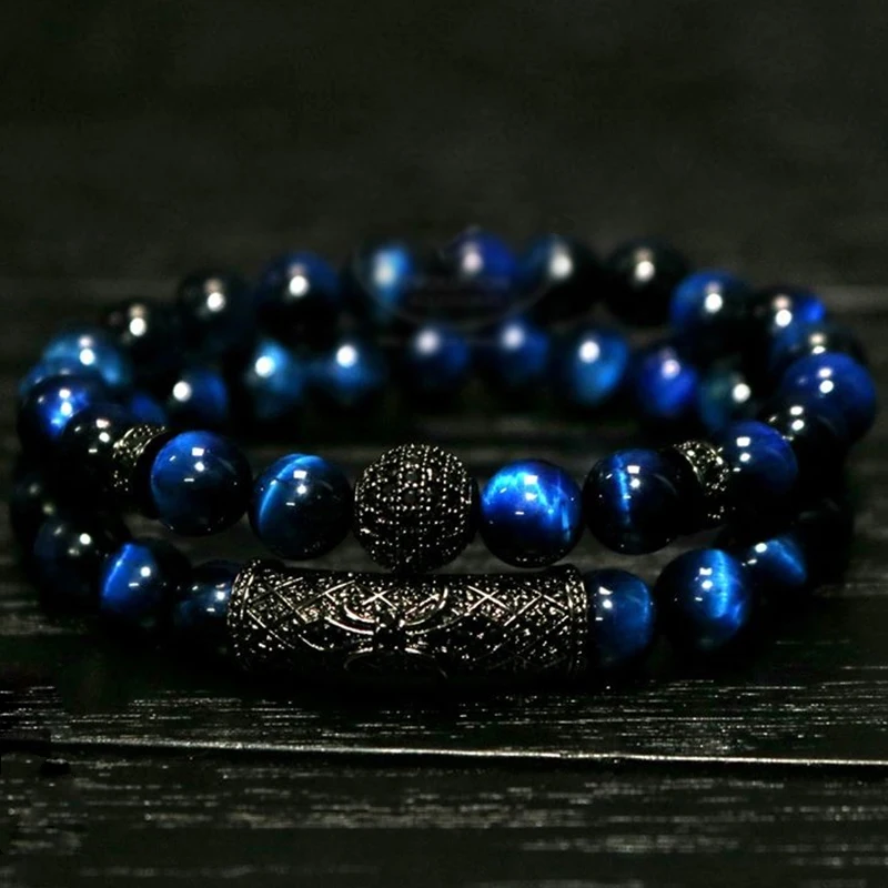 2018 New 2Pcs/ Set of Luxury Natural Tiger Eye Stone Bracelet Ladies And Gentlemen Jewelry Necklace Bracelet Gift Men's Bracelet