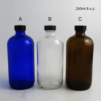 

2pcs Large 240ml 240cc 8oz Blue Amber Clear Boston Round Glass Refillable Bottles with Black Phenolic Closure PE Cone Lined Cap
