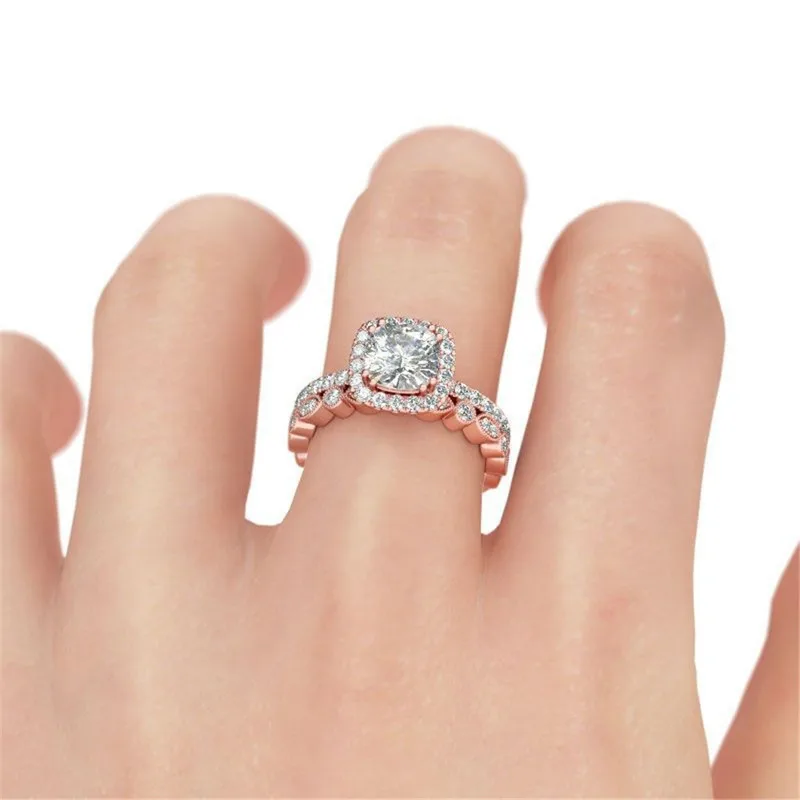 

Zirconia Princess Women Engagement Pair Rings Alliance Rose Gold Color Female Wedding Ring With Crystal Couple Jewelry