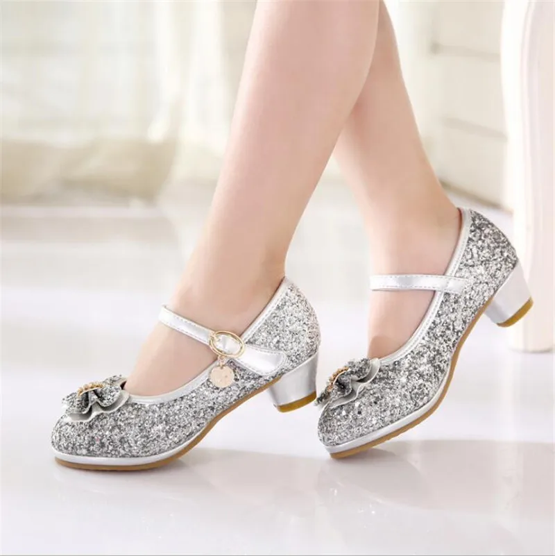 Weoneit/Новинка года; модные детские туфли на высоком каблуке с блестками; вечерние тонкие туфли принцессы для девочек; размеры 28-38 - Цвет: silver