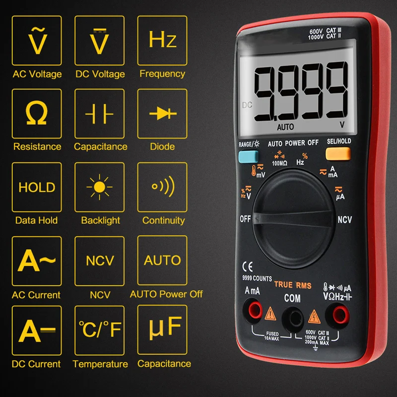 Цифровой мультиметр True RMS NCV AC/DC Напряжение Амперметр 9999 отсчетов сопротивление