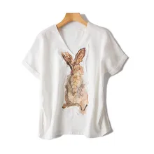Хлопковая трикотажная Женская модная футболка из лоскутов с рисунком кролика, свитер с v-образным вырезом, короткий рукав, Белый S/XL