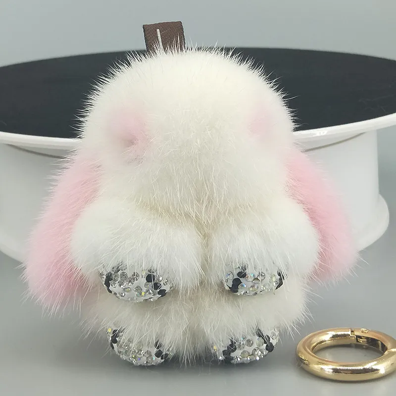 8 см, дизайн, настоящая норка, брелок для ключей, натуральный мех, Мини кролик, брелок с косой лапой, милая сумочка, подвеска, брелок, держатель - Цвет: White and Pink