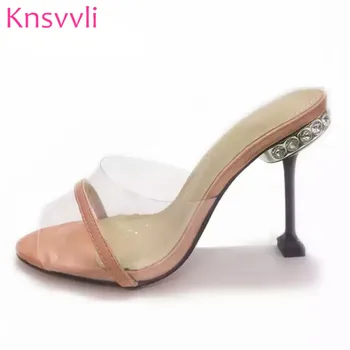 

Knsvvli Crystal Studded Cup Heel Slippers Shoes Woman Pink Black Mules Shoes PVC Satin Patchwork High Heels Runway Shoes Women