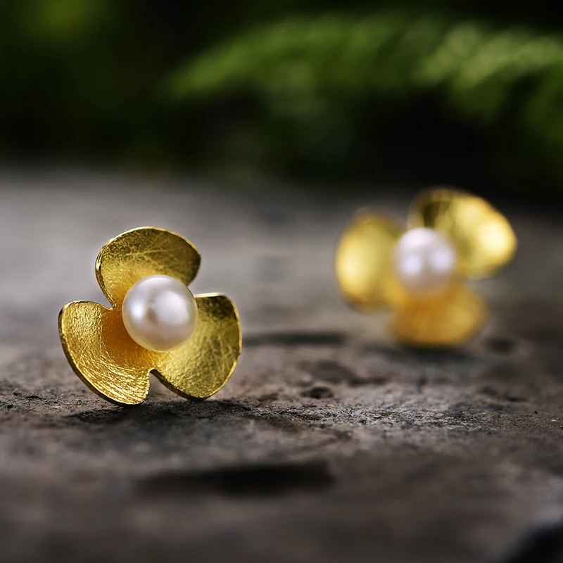 Lotus Fun Real 925 Sterling Silver Natural Pearl Handmade Fine Jewelry Fresh Clover Flower Stud Earrings for Women Brincos