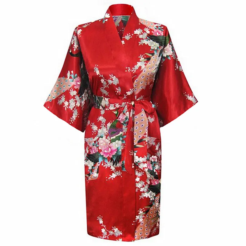 Красное модное женское кимоно Павлин банный халат ночная сорочка халат юката пижамы с поясом S M L XL XXL XXXL KQ-3