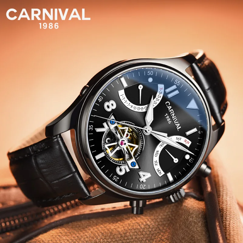 

CARNIVAL Business Casual Automatic Mechanical Watch Men Waterproof Men Skeleton Watch Leather Strap Male Clock Relogio Masculino