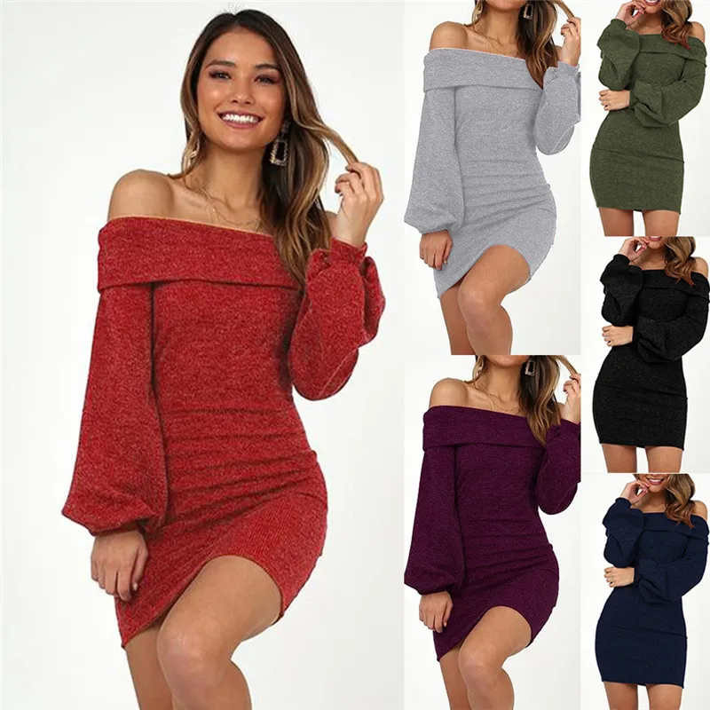 

Sexy Slash Neck Dress Women Mini Silm Lantern Sleeve Dresses Sheath Solid 2019 Spring Casual Women's New Off Shoulder Dress Hot