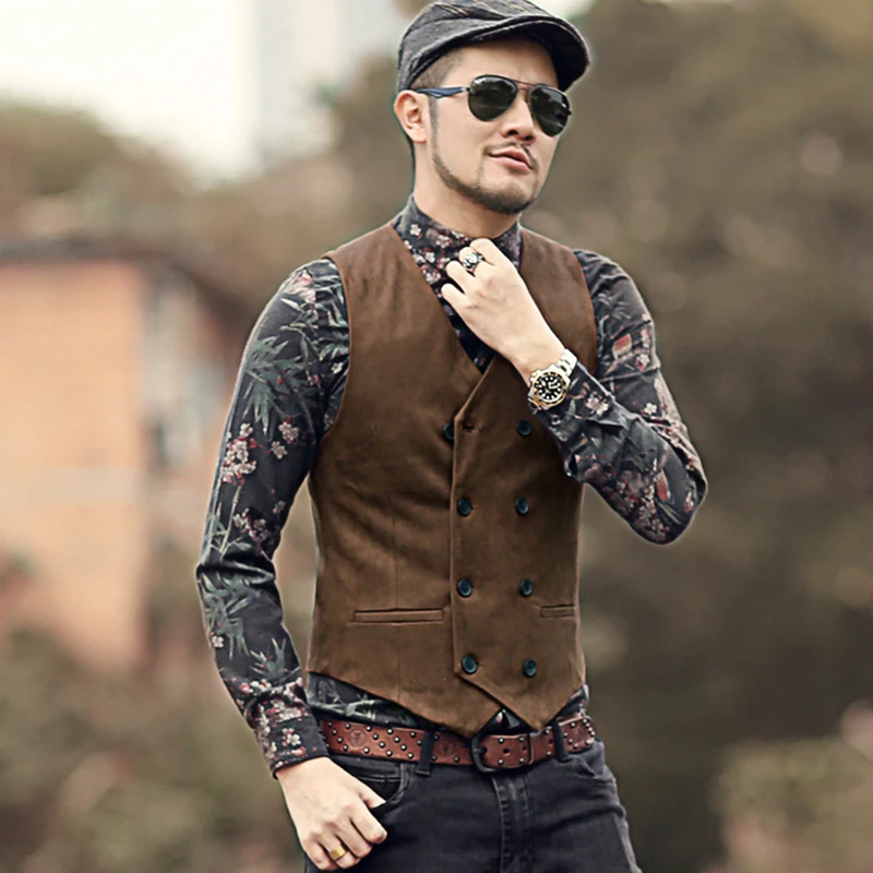 

Men new winter matte velvet British style vest Mens double breasted warm slim casual vest retro waistcoat brand design M130