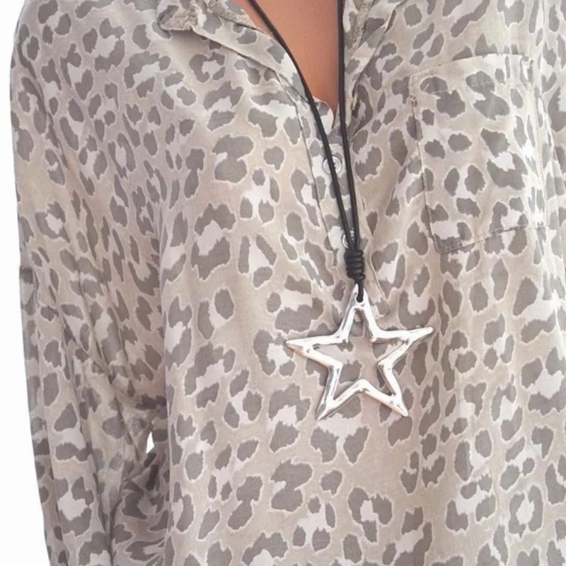 

Large size Women's Blouse 2019 spring and summer new long-sleeved collar collar shirt printed leopard Shirt