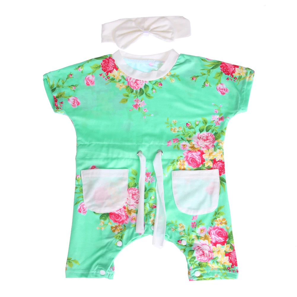 1Set Modal Baby Rompers Summer Floral Rompers Green, Newborn Infant