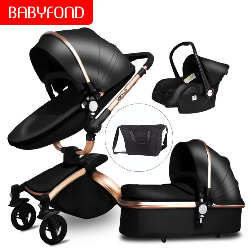 CE стандарт, роскошная коляска с высоким пейзажем, Золотая рама, для детей 0-3 лет, 4 в 1, детская коляска с зонтиком и сумкой, 8 подарков - Цвет: black