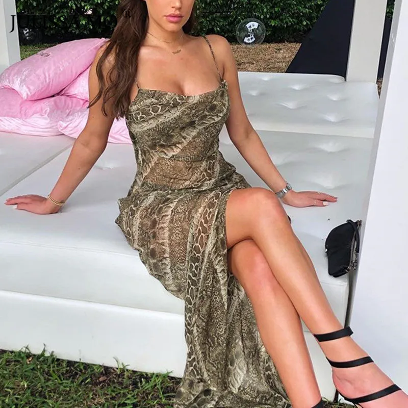 

JULISSA MO Snake Print Sexy Backless Split Maxi Dress Women Chiffon Spaghetti Strap Long Dress 2019 Fashion Party Dress Vestidos