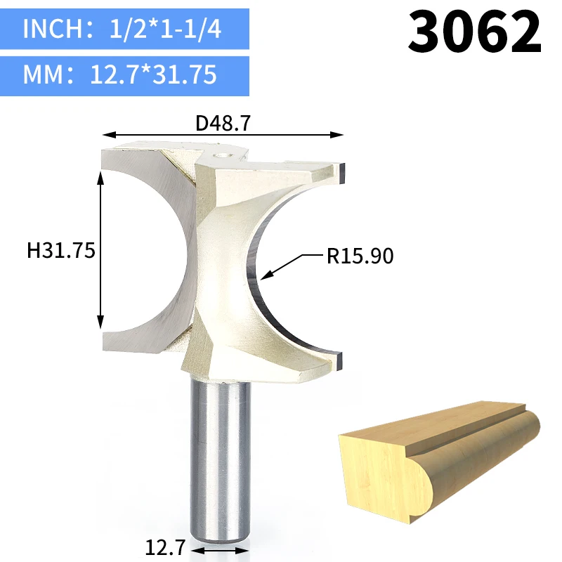 HUHAO 1pcs 1/2" Shank Half Round bit 2 flute endmill Router Bits for wood without bearing Woodworking Tool milling cutter - Длина режущей кромки: 3062