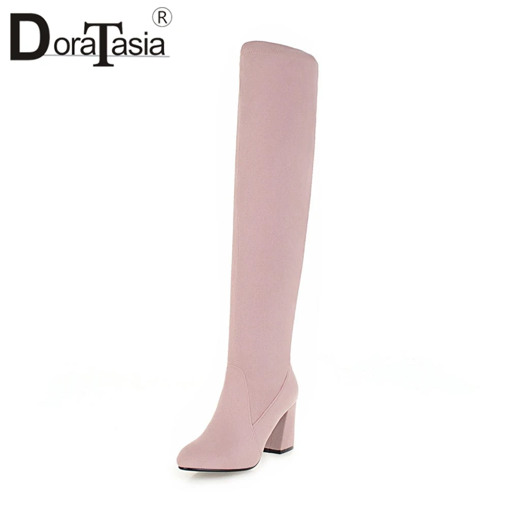 

DoraTasia Thick Fur Addable 4 Colors Comfortable Soft Flock Cover 7.5cm Med Hoof Heels Knee High Ladies Boots Plus Size 33-48