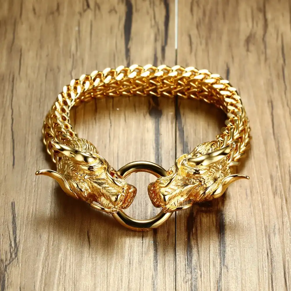 Men S Punk Double Dragon Head Herringbone Chain Bracelet For Herringbone Chain Bracelet For Men