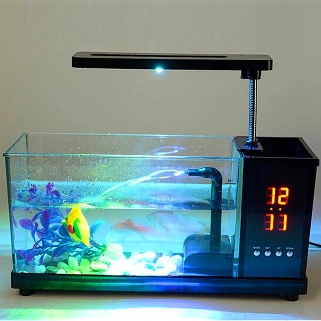 Mini Fish Tank Temp Aquarium Pebbles USB Desktop LCD Timer Clock LED Lamp  Light