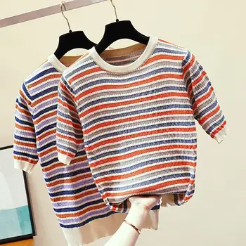 

Women Tees Knitted Tops Ladies Casual Clothing 2019 Summer Women Knitting Shirts Striped Tee Shirt Pullovers Femme Sweaters