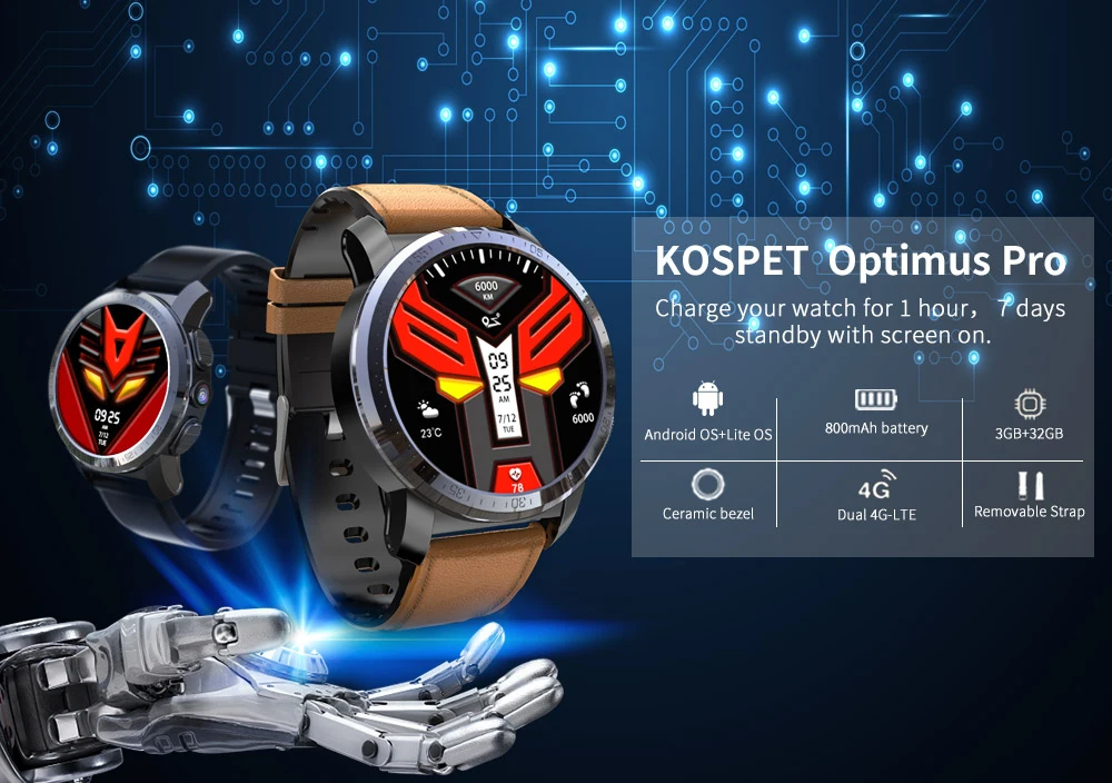 KOSPET Optimus Pro, 3 ГБ, 32 ГБ, 800 мА/ч, батарея, две системы, 4G, смарт-часы, телефон, водонепроницаемые, 8,0 МП, 1,39 дюйма, Android 7.1.1, Смарт-часы для мужчин