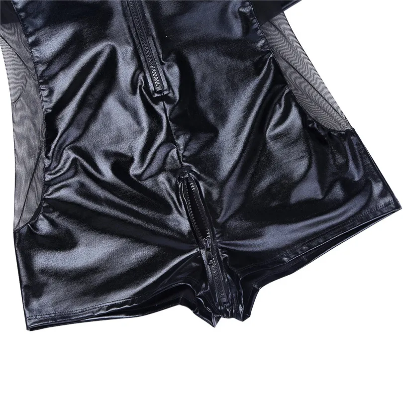 IEFiEL черный мужской лакированный кожаный короткий рукав передняя молния цельное трико боксерское трико Комбинезон Мужская одежда для ночного клуба