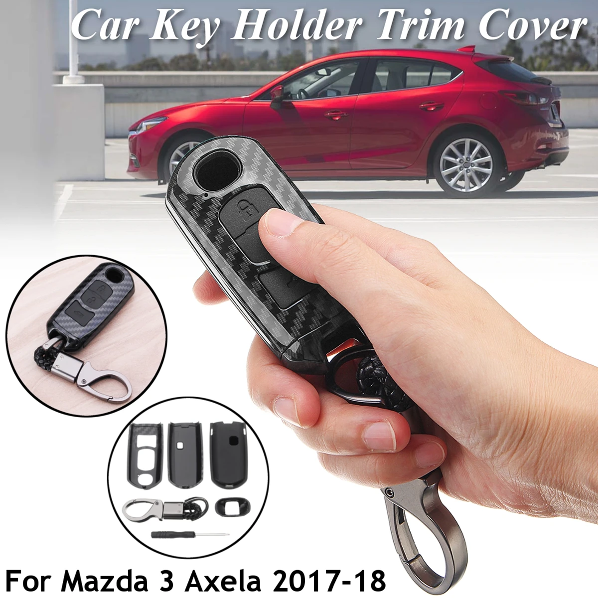 

ABS Carbon Fiber Remote Smart Pattern Soft Silicone Protection Car Key Case Bag Cover with Key Ring for Mazda 3 Axela 2017-2018