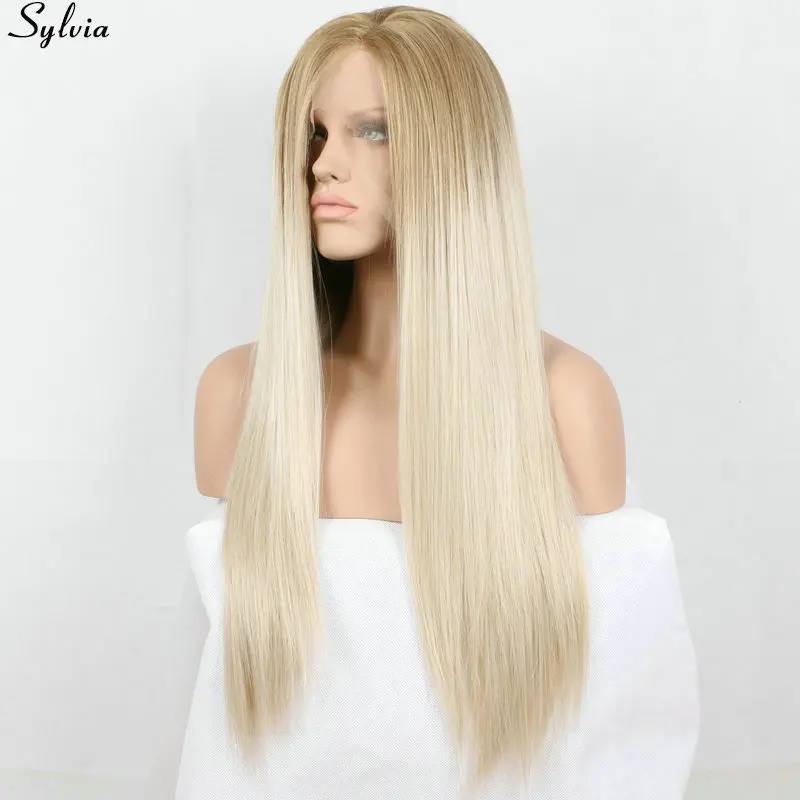 Sylvia Heat Resistant Fiber two tones blonde ombre 18-26inches  Silk Straight Synthetic Lace Front Wig (3)