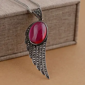 

FNJ 925 Silver Feather Pendant for Jewelry Making Red Zircon Stone Wing Original Pure S925 Sterling Silver Pendants Women
