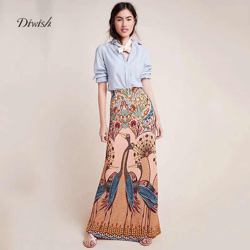 Diwish женские юбки повседневные модные юбки с принтом павлина прямые юбки в пол из полиэстера натуральные эластичные юбки элегантные