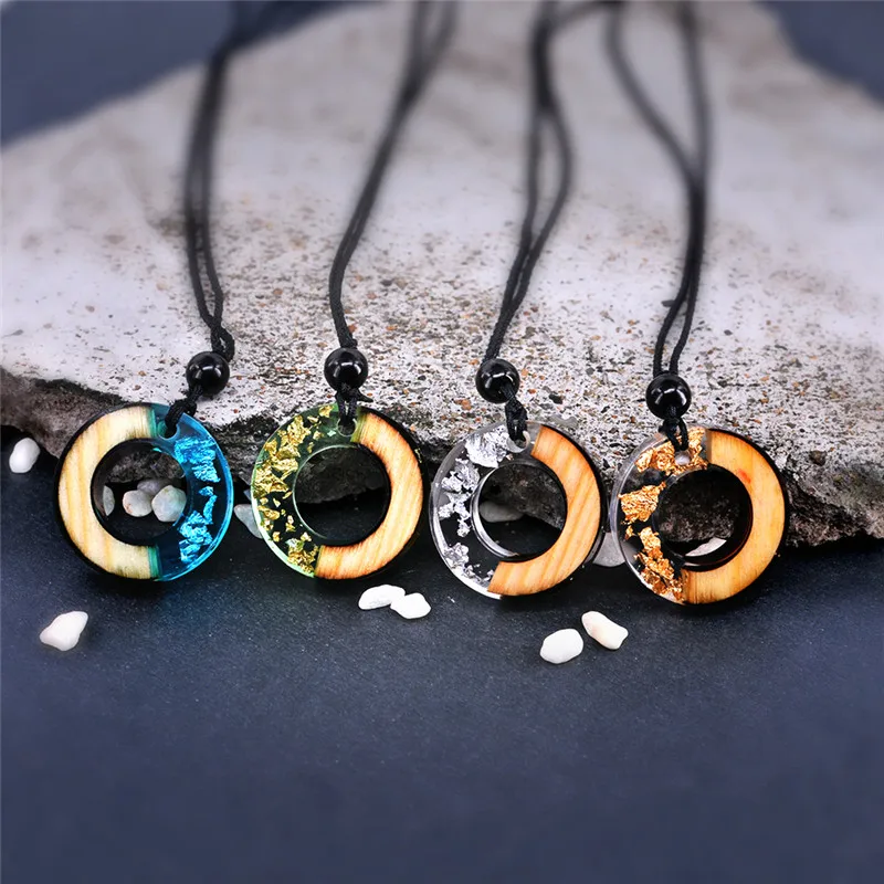 

ROXI 1 PC Fashion Women Men Necklace Vintage Resin Wood Necklaces Pendants Long Rope Chain Geometric Necklace Statement Jewelry