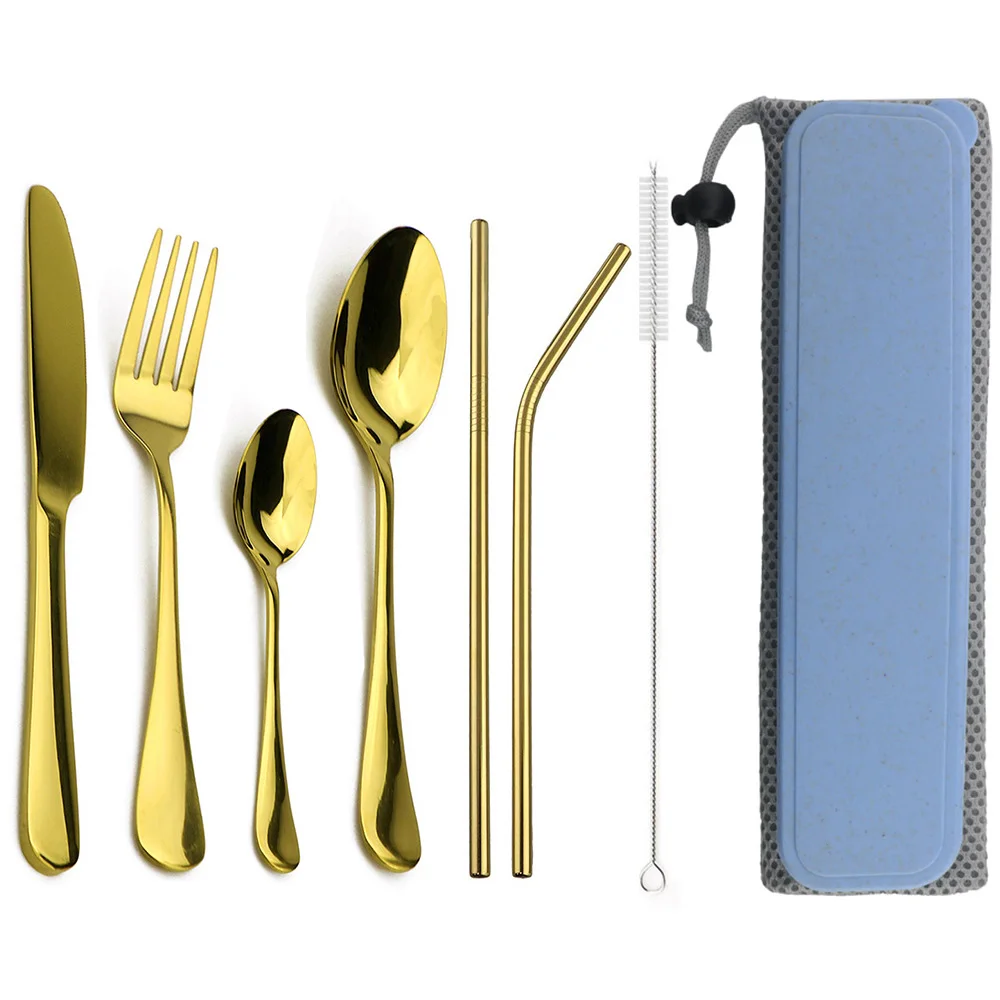 9Pcs/Lot Gold Cutlery Dinnerware Set Stainless steel Knife Fork Teaspoon Colorful Silverware Drinking Straw Box Bag For Gift | Дом и сад