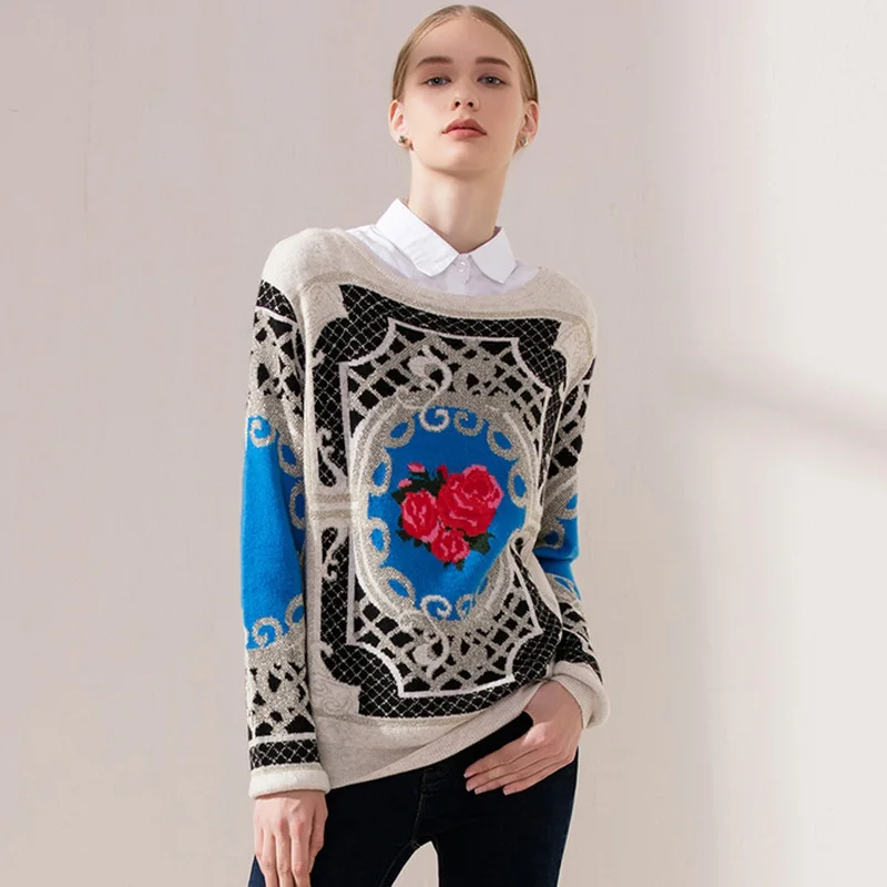 

Spring Autumn Winter Runway Pullover Women's High Quality Luxury Print Floral Sweaters Europe Fashion Brand pull femme jumper