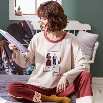 

Spring Autumn Young Girl Long Sleeve Cotton Pajamas For Women Cute Nightshirt Casual Home Service Sleepwear Big Yards M-2XL