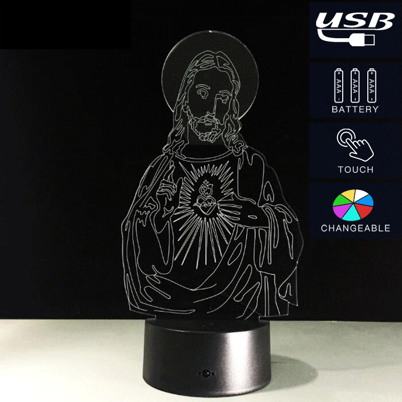 3D Акриловый светодиодный ночник Иллюзия Иисуса Христа оптические лампы освещение Inshallah христианский Бог USB сенсорный светящийся новинка подарок