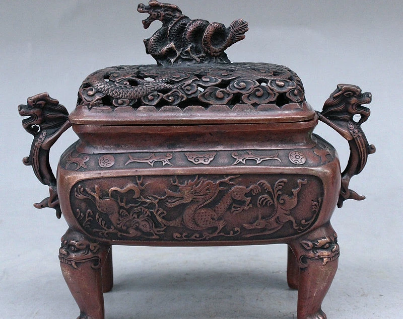 

7" Old Chinese Bronze Wealth Dragon Beast Unicorn 4 Foot Incense Burner Censer