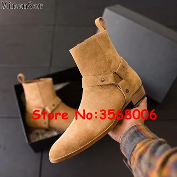 

Chelsea boot man suede leather boots pointed toe buckle casual shoes ankle boots metal chains party men boots Sapatos Mujer