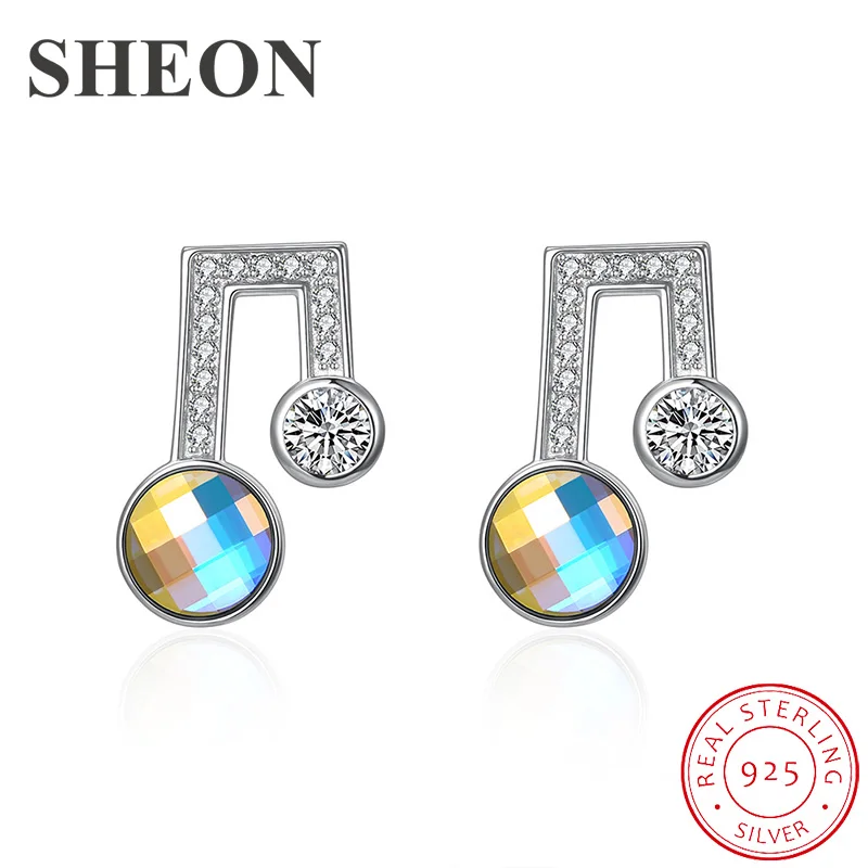 

SHEON Authentic 925 Sterling Silver Lovely Notes Stud Earrings With White Crystal Fine Engagement Jewelry Valentine's Day Gift