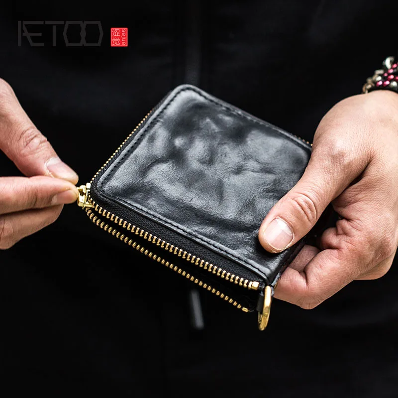 

AETOO Handmade leather wallet original men's short zipper leather retro old rub color Japanese and Korean personality tide walle