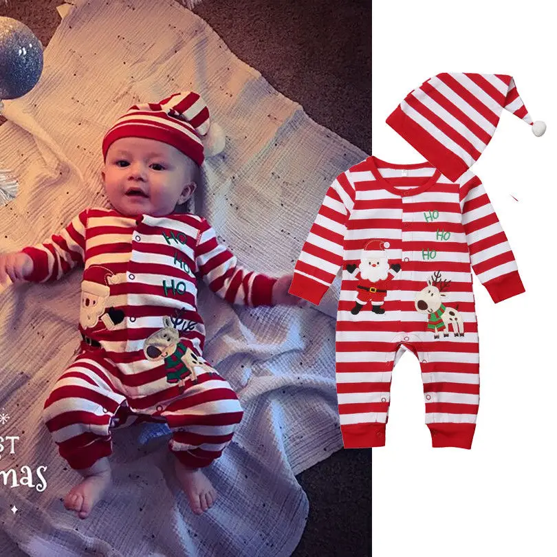 Рождественский комбинезон из 2 предметов для маленьких мальчиков и девочек, детские комбинезоны в полоску с длинными рукавами+ шапочка, комбинезон для подвижных игр, детская одежда, повседневная одежда для 0-24 месяцев