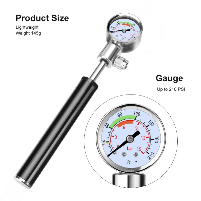 Дорожный велосипедный ручной насос 19,7*4 см алюминиевый 210psi насос мини портативный велосипедный воздушный насос с барометром высокого давления - Цвет: Черный