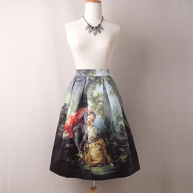 Ormell Vintage Women Skirts Knee Length Fashion Retro Oil Painting Girl