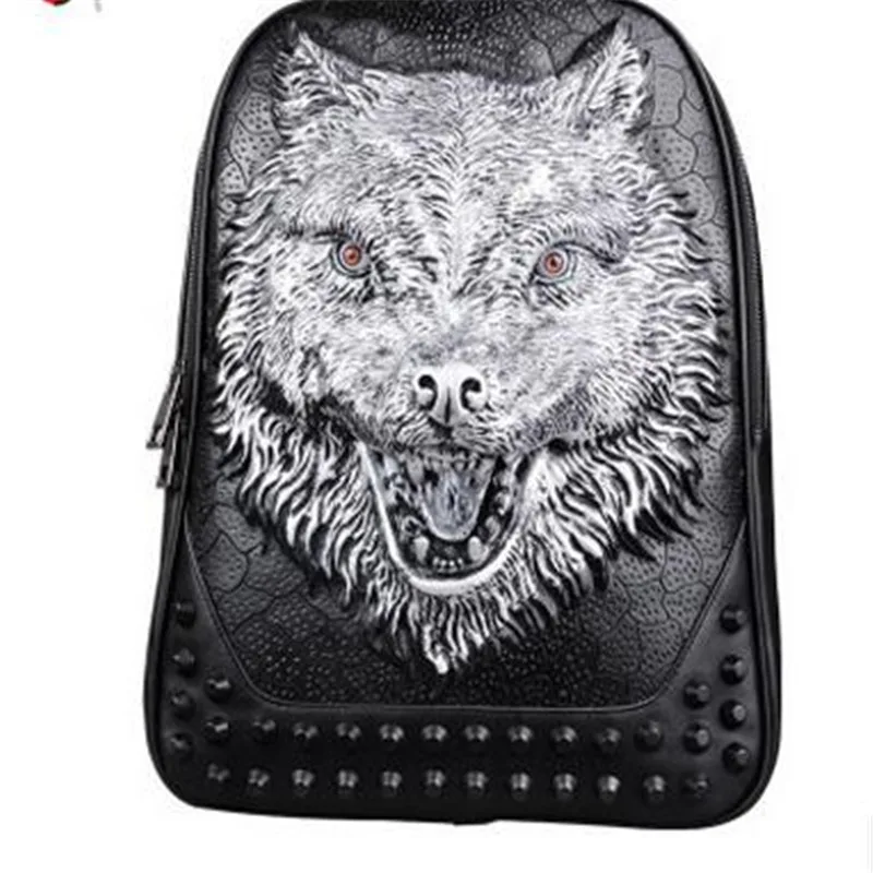 New 3D Embossed Personality Wolf Men Backpack Punk Rivet Animal