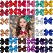 30 piezas (15 colores en pares) Bling Sparkly arcos de lentejuelas pinzas para el pelo de cocodrilo bebé niñas mezcla de colores sólido cinta pinza para el pelo con lazo