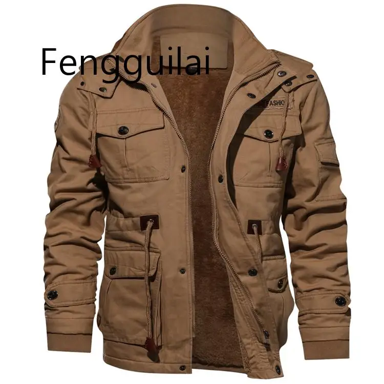 Brand Clothing Jacket Men's Winter Fleece Jackets Warm Hooded Coat Thermal Thick Outerwear Male Military Jacket Mens M-4XL - Цвет: Khaki