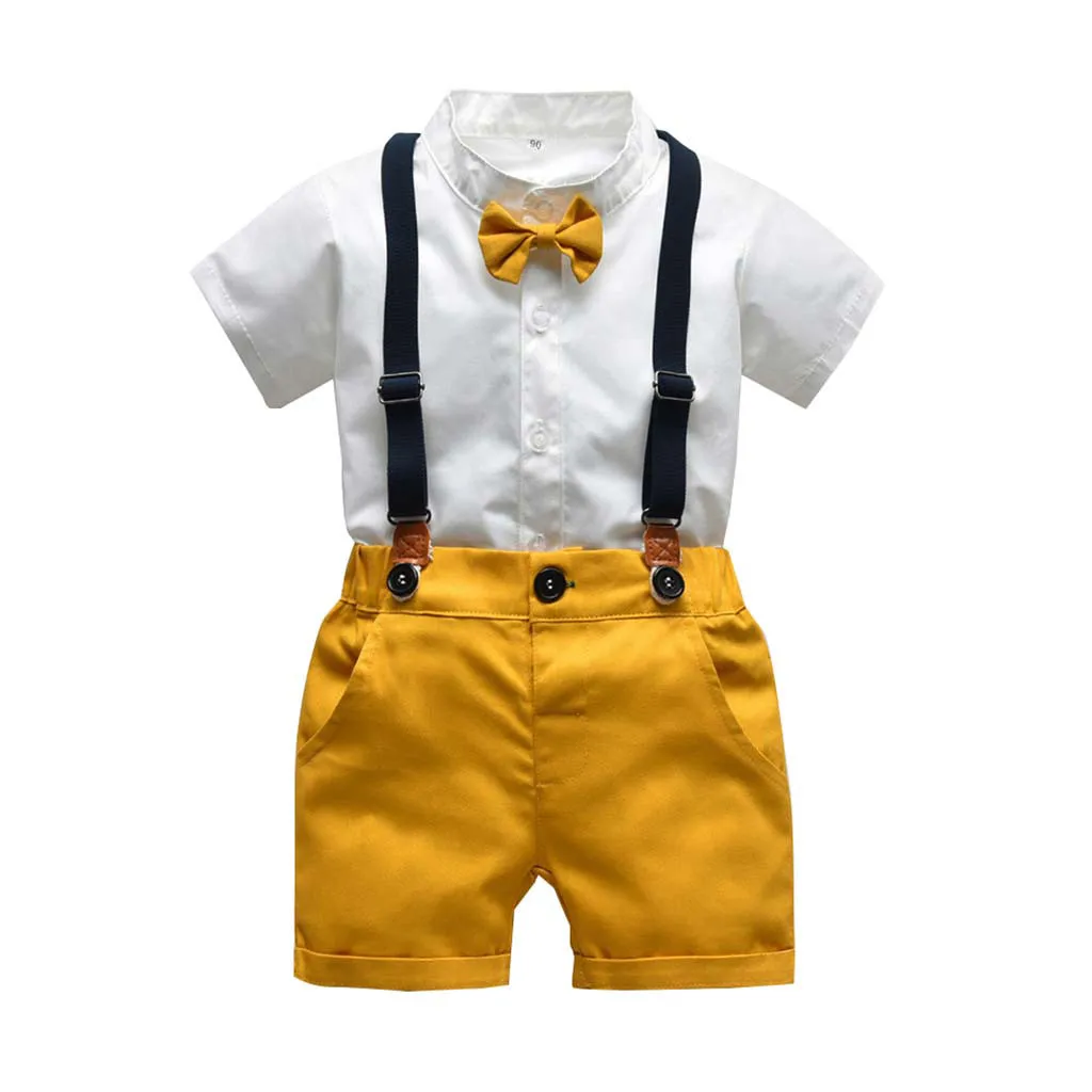 

Cartoon pattern print set Infant Baby Boys Gentleman Bow Tie T-Shirt Tops+Solid Shorts Overalls Outfits toddler boy clothes #06