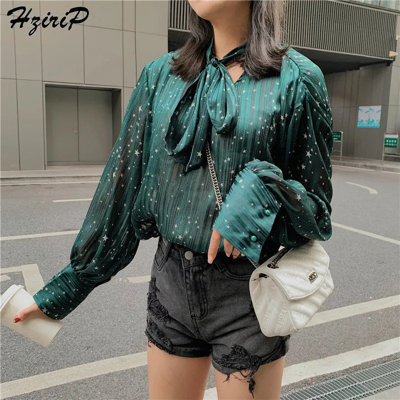 

Hzirip 2019 Korea Summer Fresh Lace Up Bow Vintage High Quality Lantern Sleeves Fashion Chiffon Loose Casual Female Sweet Shirts