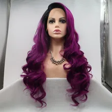 Фэнтези красота темно фиолетовый парик Омбре черные корни два тона Длинные Синтетические волосы бесклеевая волнистая ручная работа Кружева передние парики