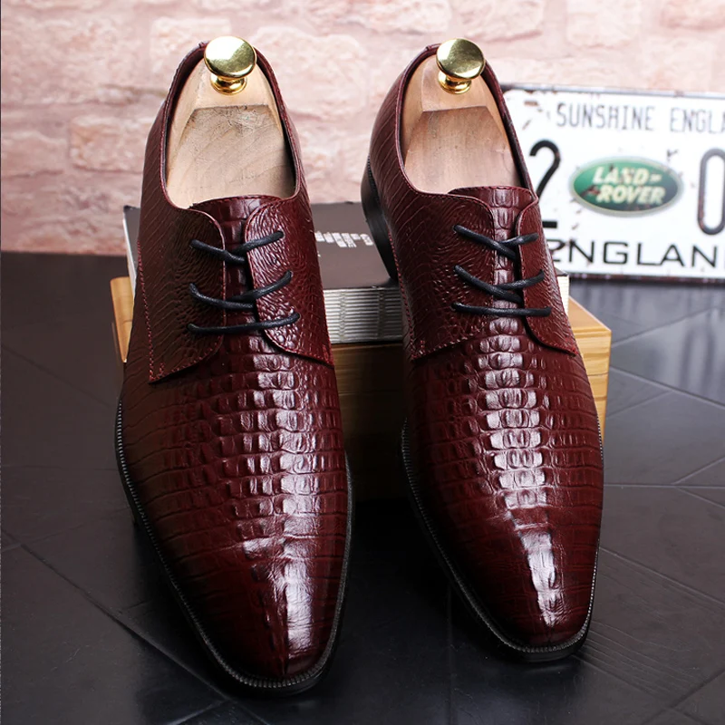 Black Square Toe British Men'S Dress Shoes Crocodile Pattern Wedding