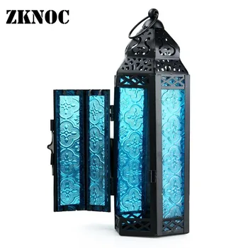 

ZKNOC moroccan lanterns Glass Metal Delight Garden Candle Holder Table/Hanging Lantern for both indoors and outdoors blue/ purpl